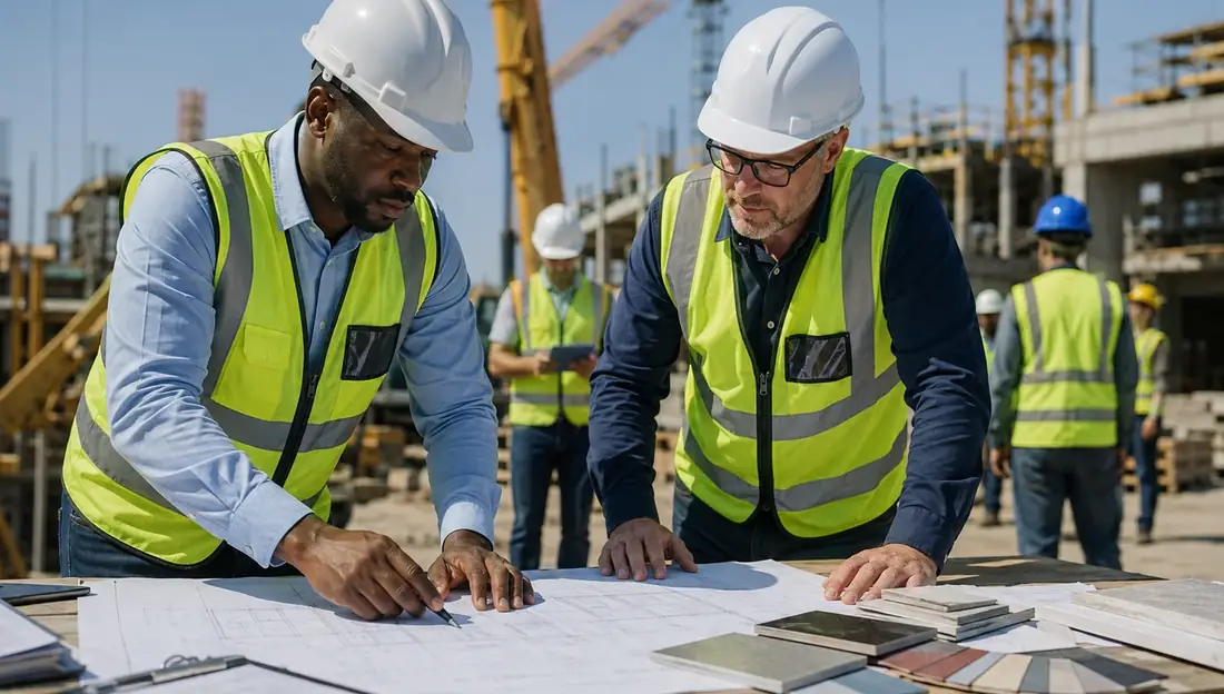 Construction professionals reviewing project plans
