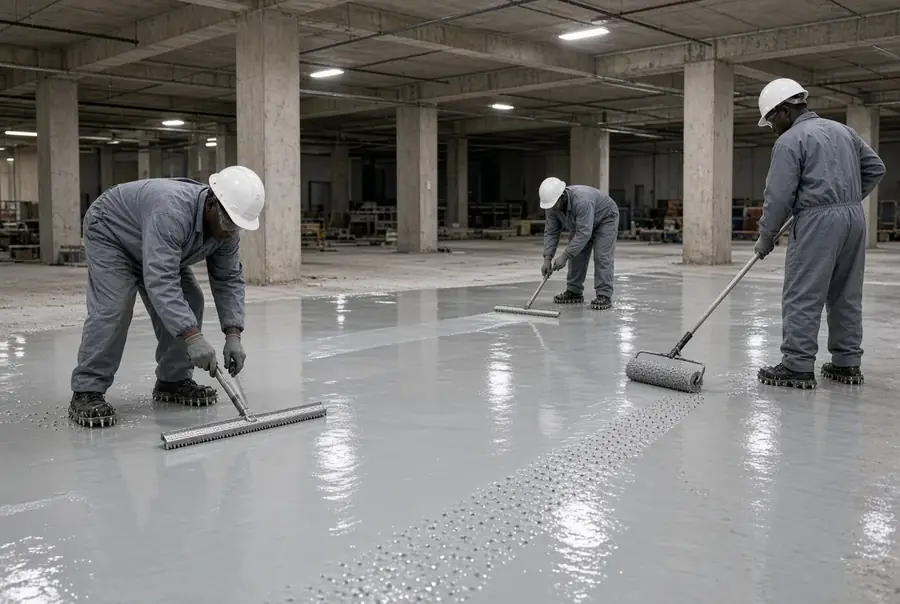 Applicators spreading industrial epoxy on a large floor
