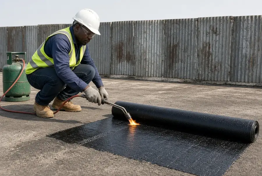 Worker torch-bonding bituminous felt membrane on a rooftop