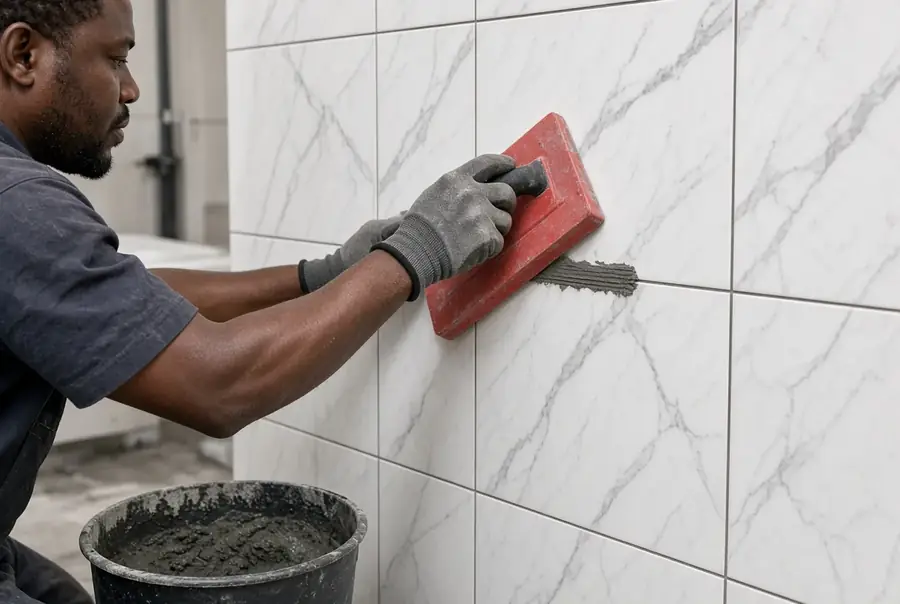 Tiler applying protective grout to marble-look wall tiles