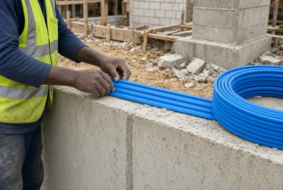 Blue PVC waterstop being placed in a concrete construction joint