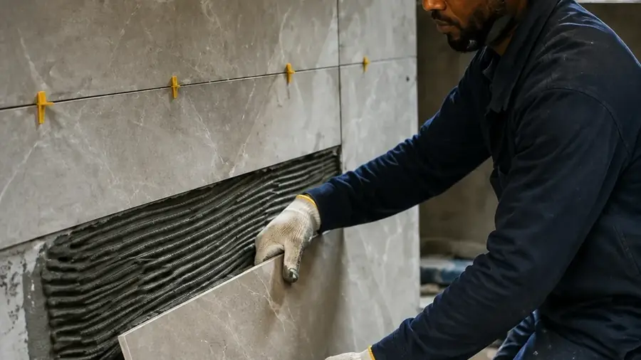 Tiler applying tile adhesive